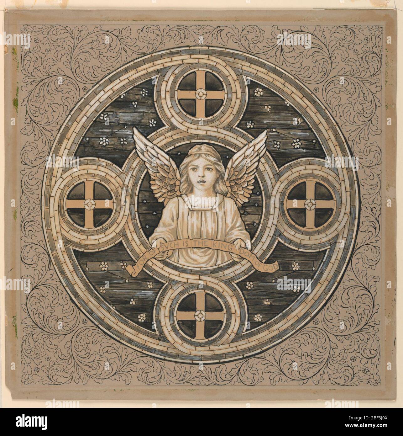 Studio per la Memorial Window in Church a Oceanic New Jersey. Gli rotoli di acanthus circondano un disegno circolare. Il nastro nero interlacciato unisce cinque cerchi, uno centrale e quattro laterali. Le croci si trovano in quest'ultimo. Foto Stock