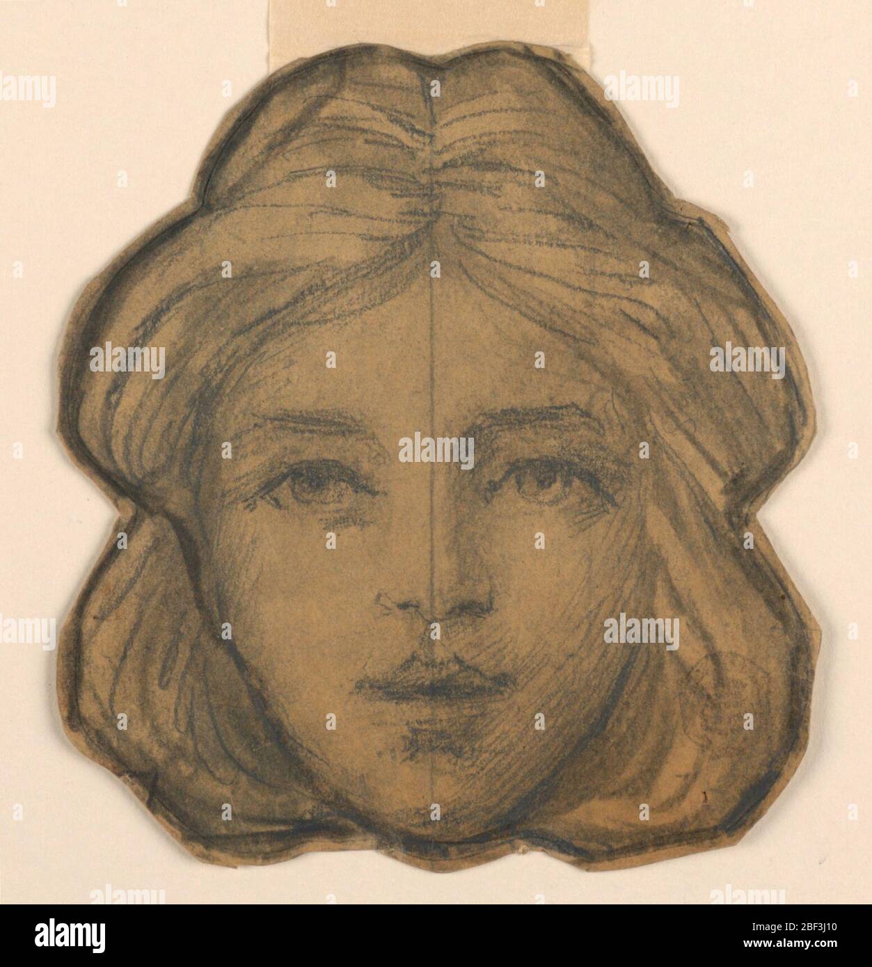 Capo di un progetto Donna per vetro macchiato. Faccia incorniciata dai capelli. Viene indicato l'asse verticale. Linea di matita di framing. Foto Stock