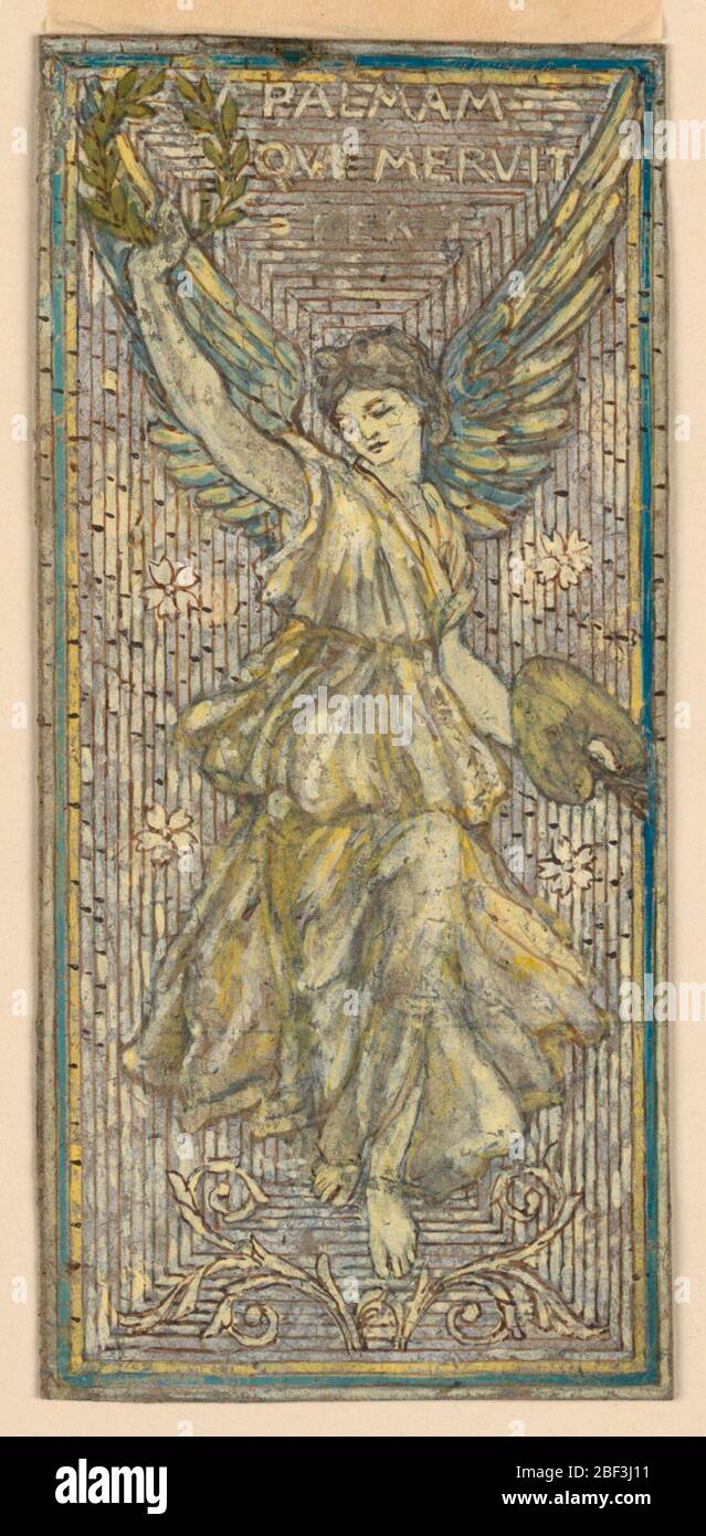 Design per finestra in vetro mosaico o colorato in onore di un pittore Palmam qui Meruit Ferat. Un pannello con un genio femminile volante che alza una corona di alloro con la sua mano destra, tenendo una tavolozza e pennelli in basso a sinistra. Un apanto è in basso. Iscrizione in alto 'PALMAM / QVI MERVIT / FERT' Foto Stock