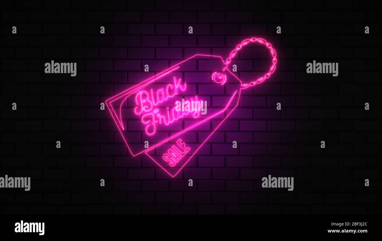 Black Friday vendita off neon segno luce fluorescente che si illumina su sfondo banner, vendita off da luci neon cartello di notte Foto Stock