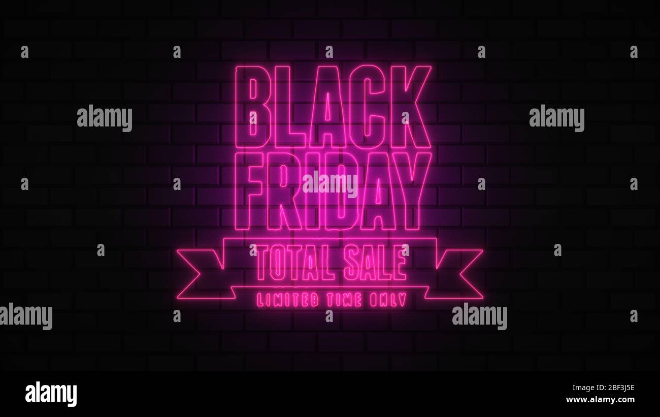 Black Friday vendita off neon segno luce fluorescente che si illumina su sfondo banner, vendita off da luci neon cartello di notte Foto Stock