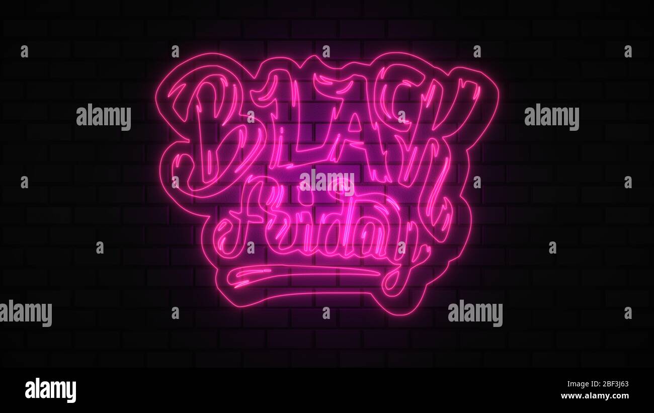 Black Friday vendita off neon segno luce fluorescente che si illumina su sfondo banner, vendita off da luci neon cartello di notte Foto Stock