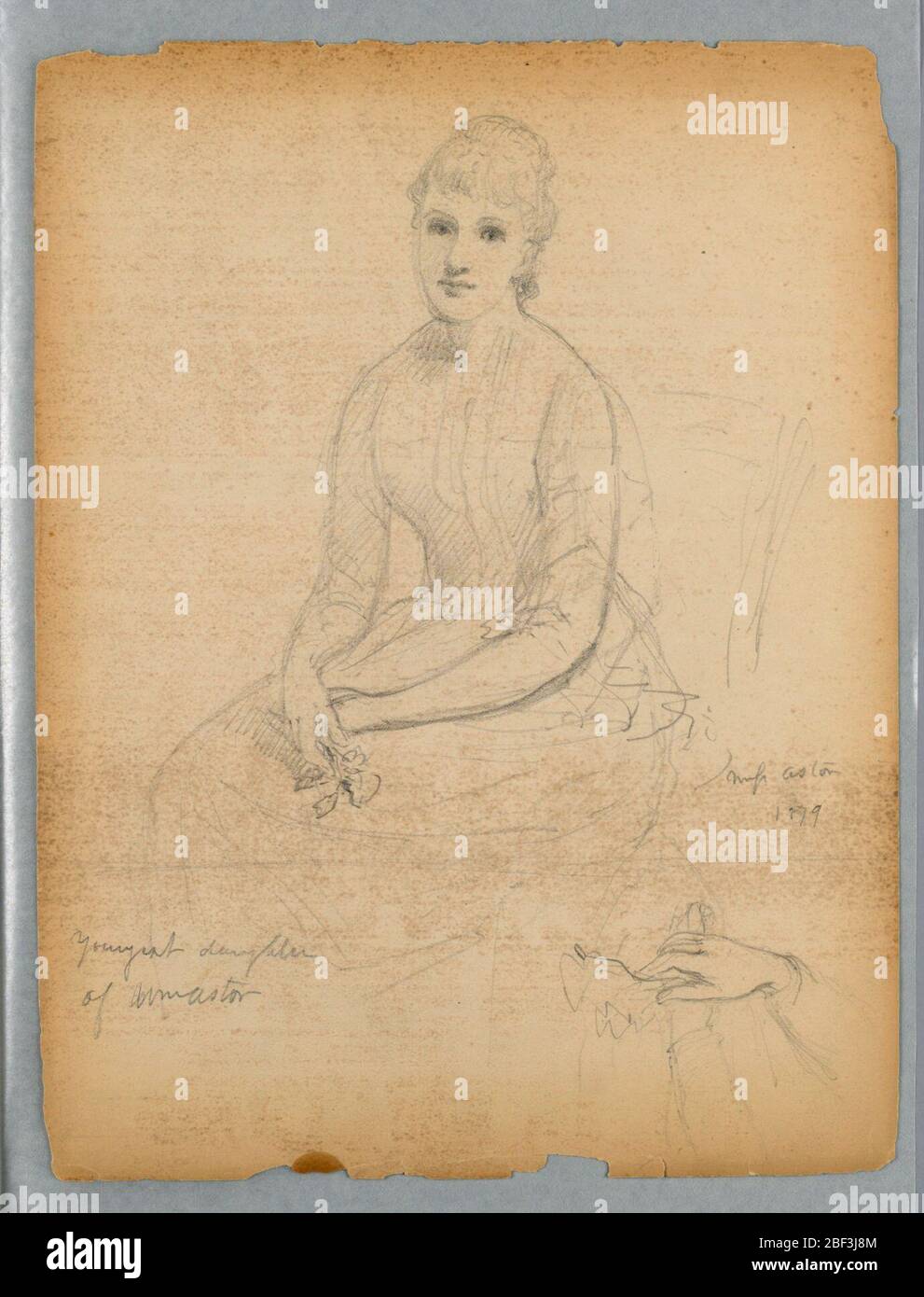 Schizzo per il ritratto della figlia più giovane di William Astor. Ragazza seduta, girata leggermente a sinistra, la testa frontalmente rivolta. Le mani in grembo e qualche fiore, ripetuto in basso a destra. Verso: Mt. Lafayette, N.H., centro, con creste intorno. Note di seguito, tra cui: Franconia Range da Littleton. Foto Stock