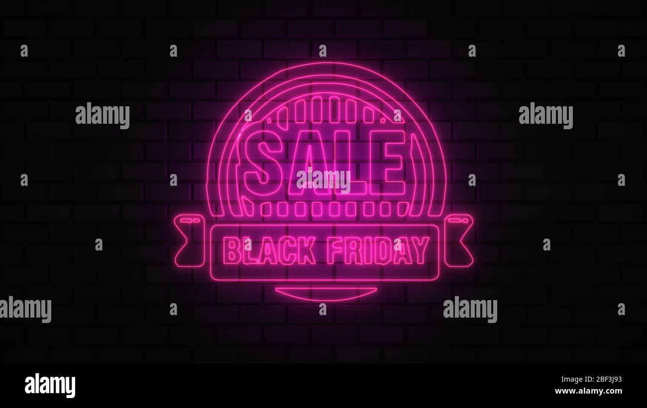 Black Friday vendita off neon segno luce fluorescente che si illumina su sfondo banner, vendita off da luci neon cartello di notte Foto Stock