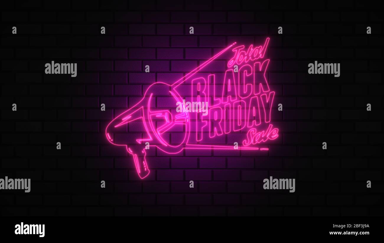Black Friday vendita off neon segno luce fluorescente che si illumina su sfondo banner, vendita off da luci neon cartello di notte Foto Stock