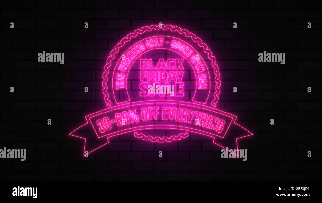 Black Friday vendita off neon segno luce fluorescente che si illumina su sfondo banner, vendita off da luci neon cartello di notte Foto Stock