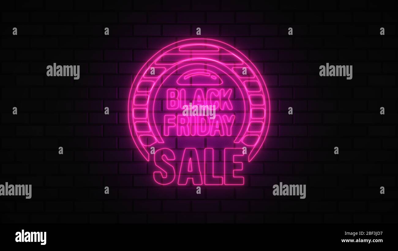 Black Friday vendita off neon segno luce fluorescente che si illumina su sfondo banner, vendita off da luci neon cartello di notte Foto Stock