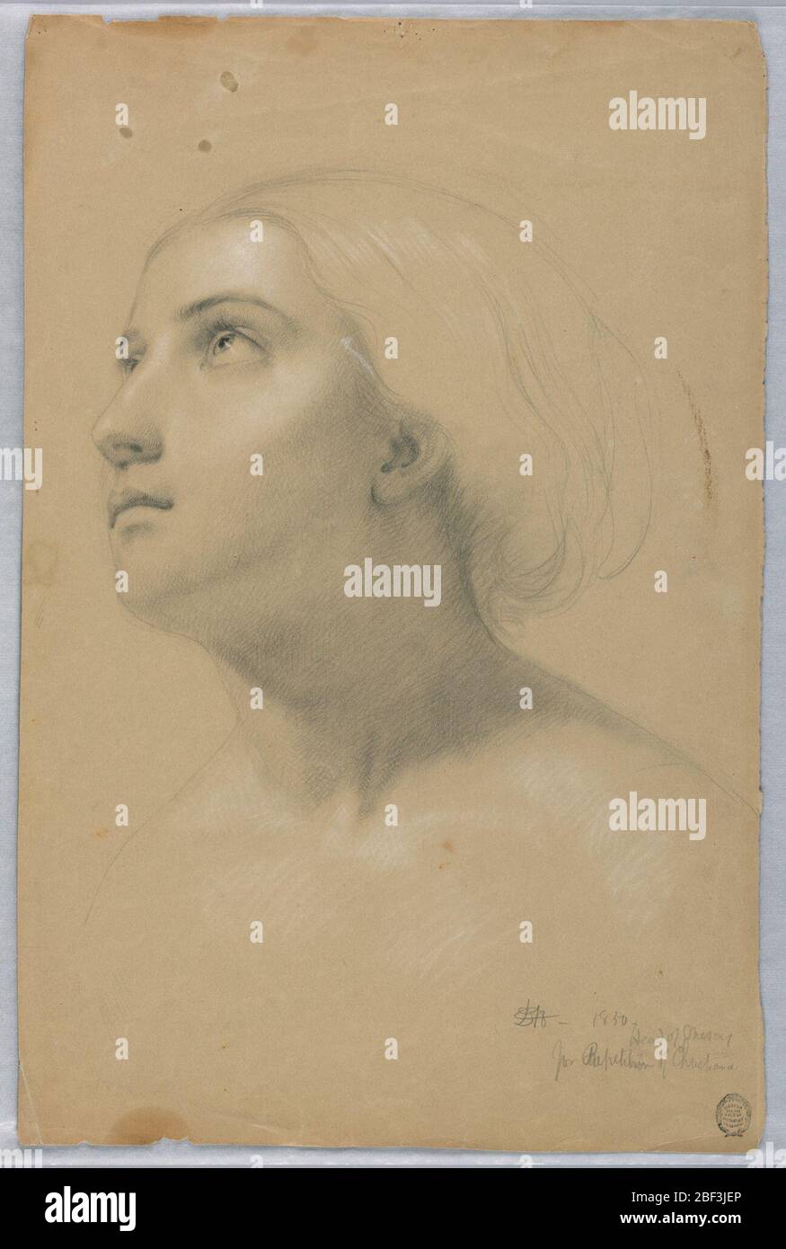 Studio per la testa della Misericordia a Christiana e i suoi figli. Testa sollevata di una ragazza con profilo a sinistra di tre quarti. Verso: Una gamba sinistra dal ginocchio verso il basso. Foto Stock