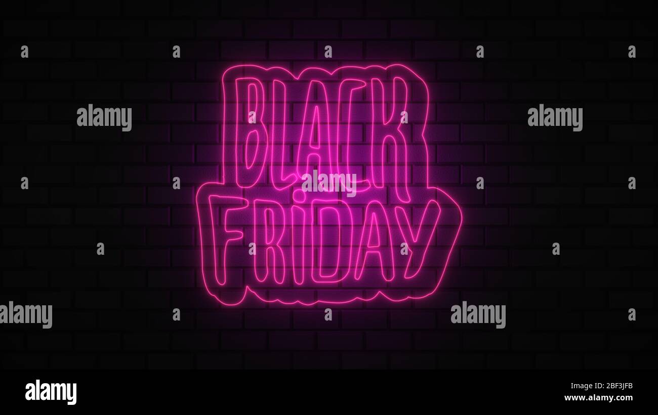 Black Friday vendita off neon segno luce fluorescente che si illumina su sfondo banner, vendita off da luci neon cartello di notte Foto Stock