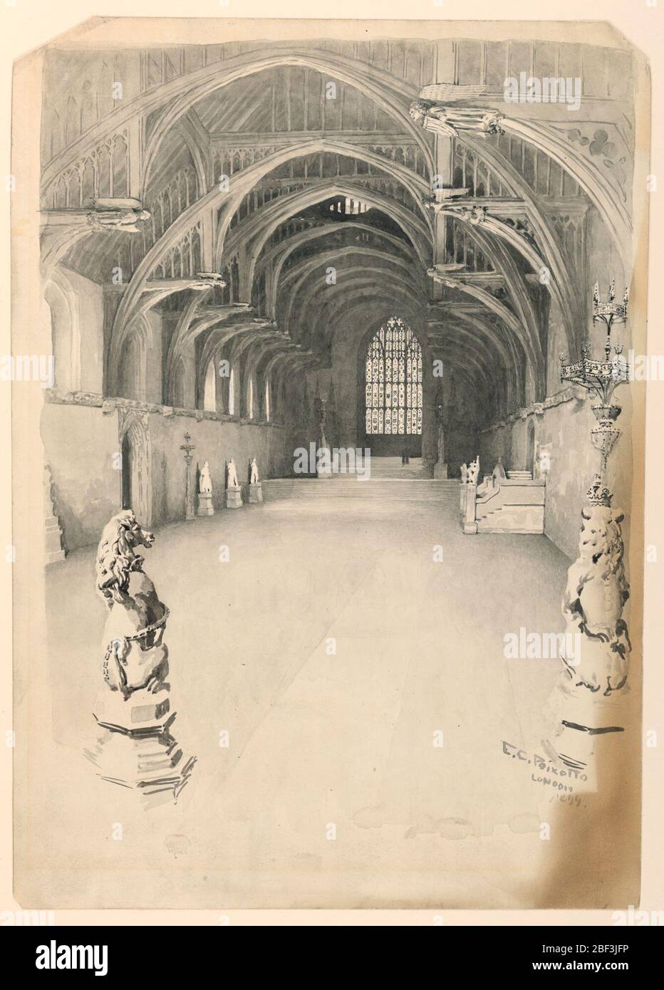Interno di Westminster Hall. Interno della sala, che mostra il tetto del martello-trave. Foto Stock