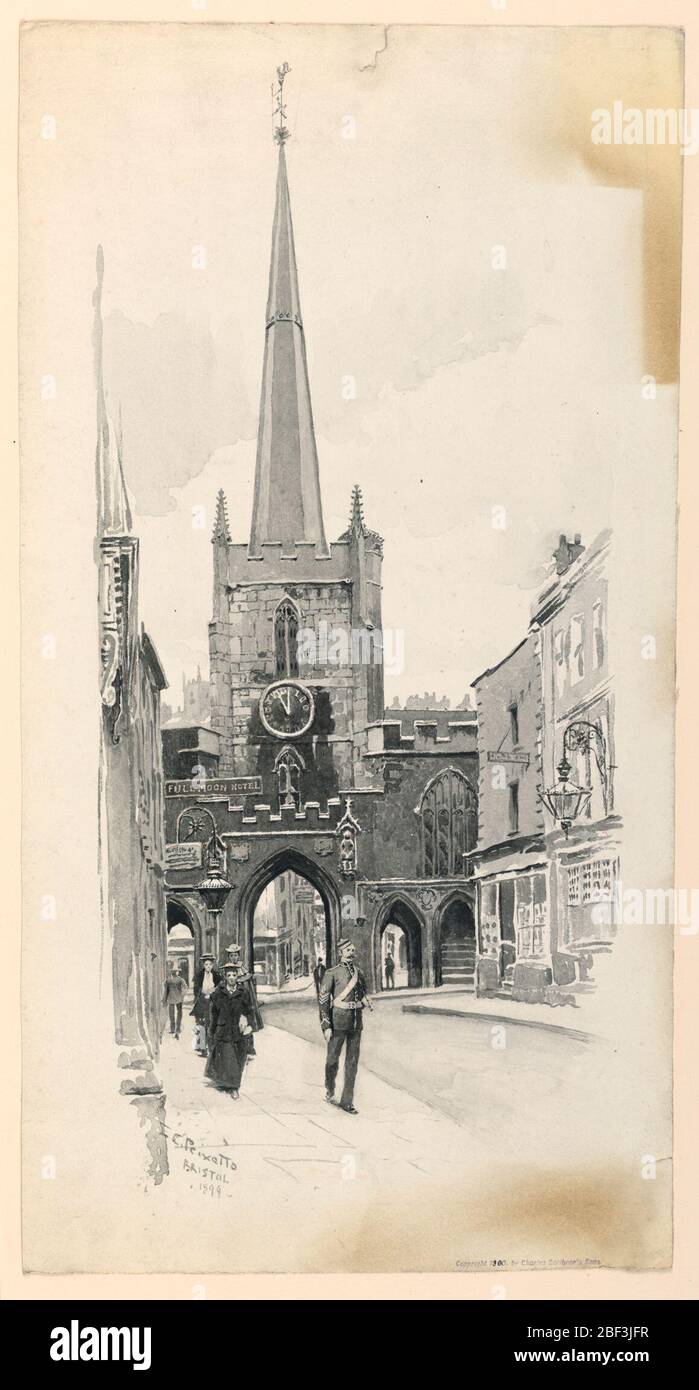 St Johns Gate Bristol. Il cancello, con la torre e la sua guglia che si erge sopra, è visto alla fine di una strada fiancheggiata da case e negozi. Foto Stock