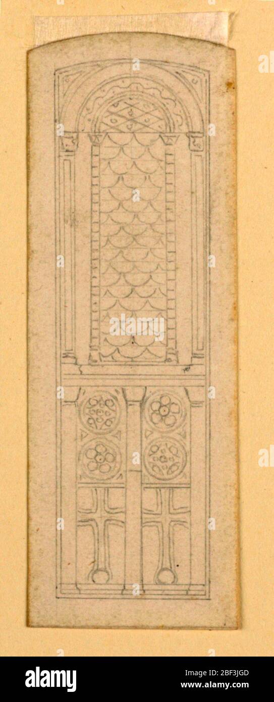 Studio per una finestra della Chiesa. Disegno per una finestra di chiesa con disegno scala-come al centro e doppio pannello sotto, con due rotondoli e croce in ogni lato. Foto Stock