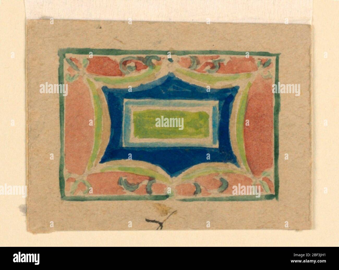 Progettazione di un pannello decorativo. Pannello orizzontale con cornice curva su un terreno blu e un pannello verde e blu-nero più piccolo. Verso: Schizzo di grafite di un motivo simile. Foto Stock