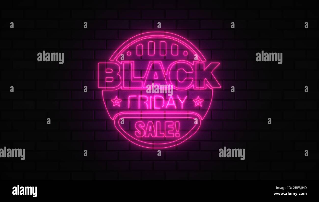 Black Friday vendita off neon segno luce fluorescente che si illumina su sfondo banner, vendita off da luci neon cartello di notte Foto Stock