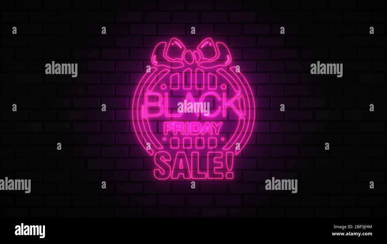 Black Friday vendita off neon segno luce fluorescente che si illumina su sfondo banner, vendita off da luci neon cartello di notte Foto Stock