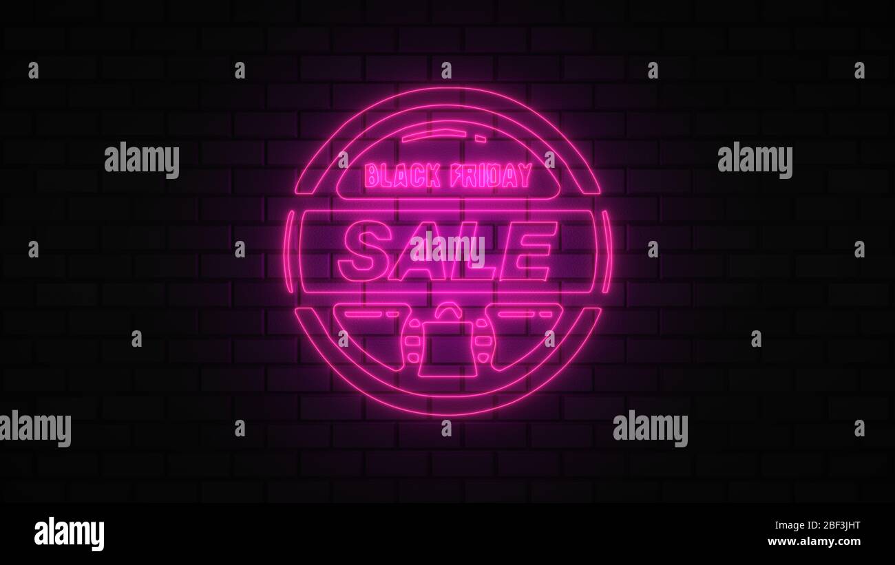 Black Friday vendita off neon segno luce fluorescente che si illumina su sfondo banner, vendita off da luci neon cartello di notte Foto Stock