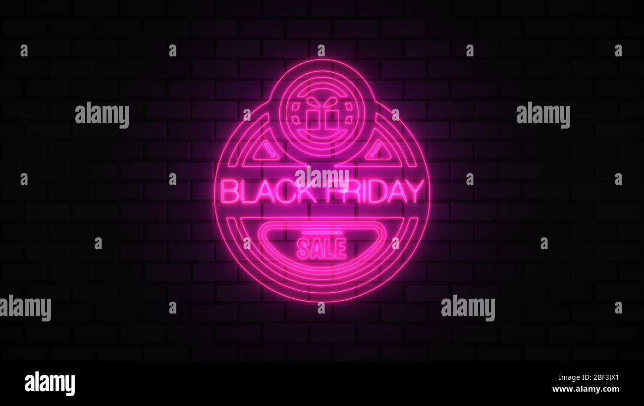Black Friday vendita off neon segno luce fluorescente che si illumina su sfondo banner, vendita off da luci neon cartello di notte Foto Stock