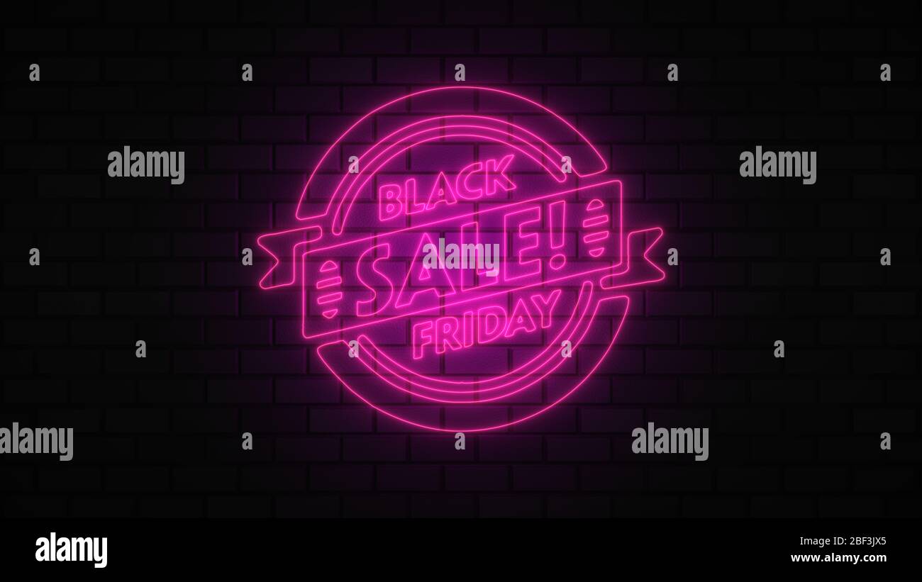 Black Friday vendita off neon segno luce fluorescente che si illumina su sfondo banner, vendita off da luci neon cartello di notte Foto Stock