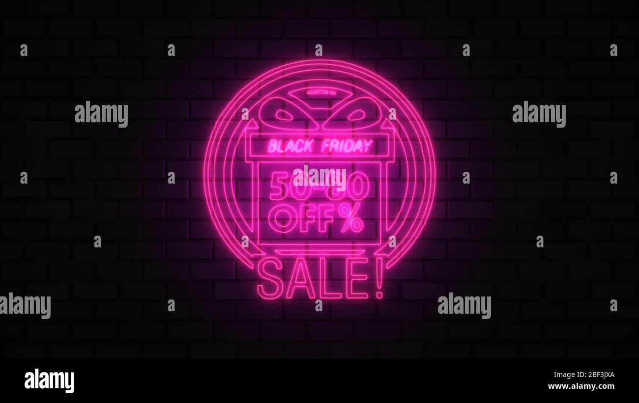 Black Friday vendita off neon segno luce fluorescente che si illumina su sfondo banner, vendita off da luci neon cartello di notte Foto Stock