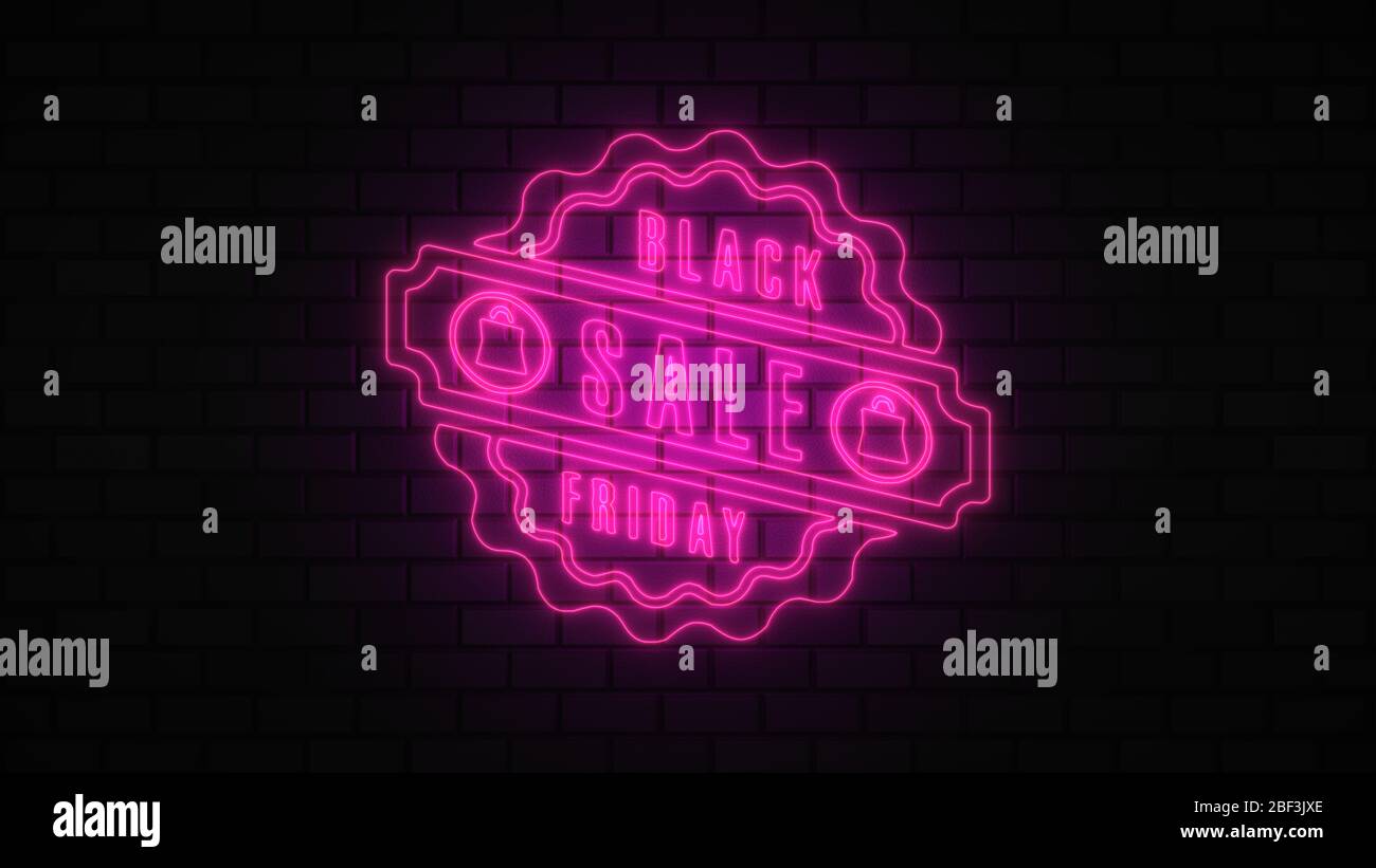 Black Friday vendita off neon segno luce fluorescente che si illumina su sfondo banner, vendita off da luci neon cartello di notte Foto Stock