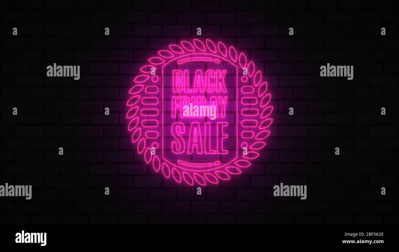 Black Friday vendita off neon segno luce fluorescente che si illumina su sfondo banner, vendita off da luci neon cartello di notte Foto Stock