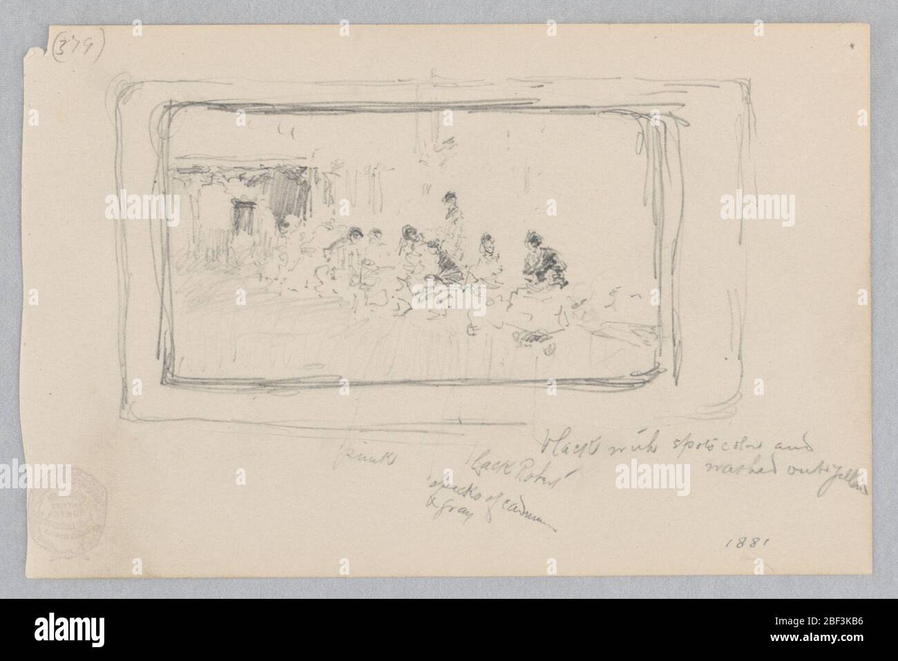 Figure in un giardino. Disegno di un dipinto o di un murale raffigurante figure in un giardino. Linee di inquadratura. Foto Stock