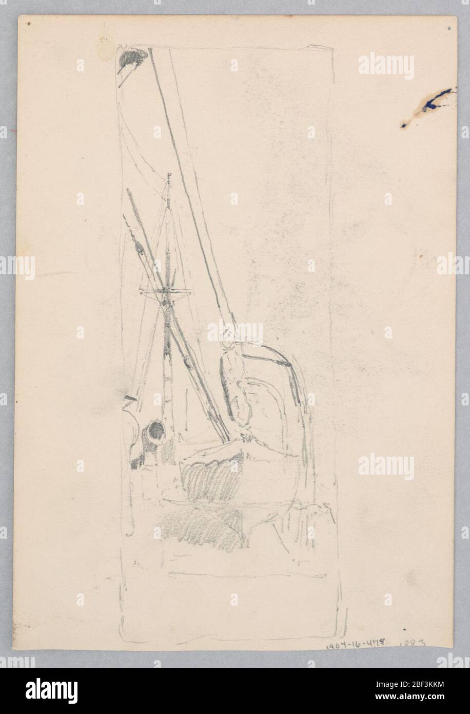 Scialuppa di salvataggio. Recto: Schizzo di una barca di salvataggio attaccata ad una grande nave; verso: Schizzo di una scena di villaggio con una casa, asino, e figura maschile. Foto Stock