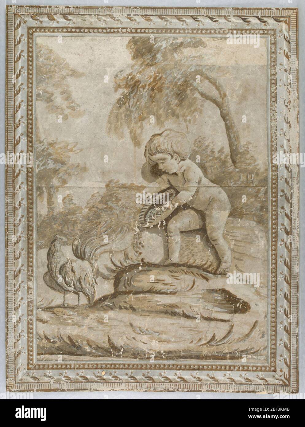 Parete laterale. Rettangolo verticale. Scena con putto che alimenta un pollo, sotto due alberi. Simulato stampaggio architettonico applicato come bordo. Foto Stock