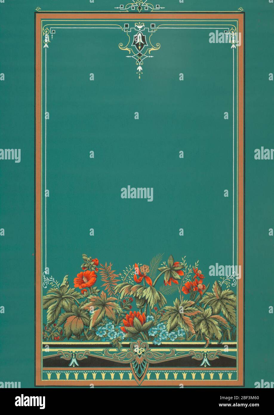 Tendina parasole. Grande cornice rettangolare, ampia fascia di fiori dai colori vivaci sul fondo dell'ombra. Stampato su carta verde. Foto Stock