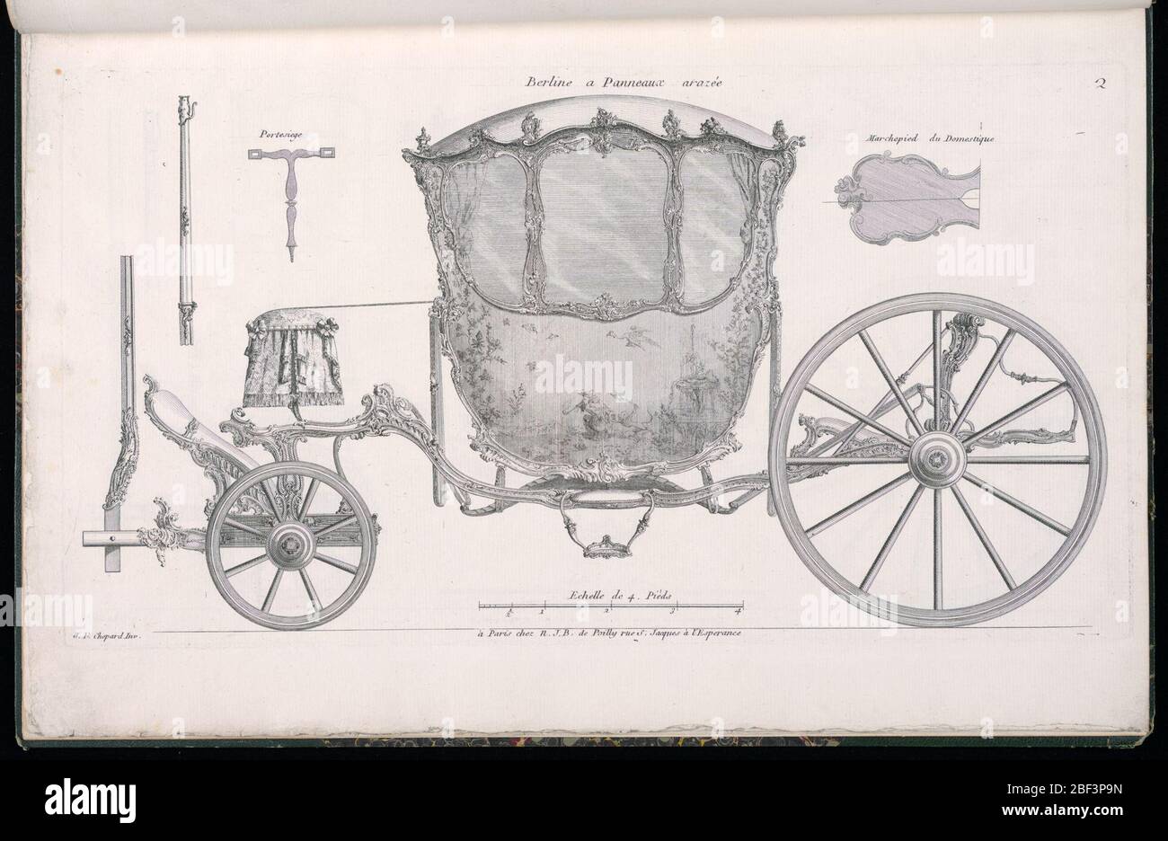 Piastra 2 berline Panneaux araze berlina con pannelli a filo Modles de Voitures Louis XV modelli di carrelli Luigi XV. Targhetta 2, Folio 2 di una serie di 13 stampe di disegni per carrozze o carrozze. Carrello decorato in motivo rococo, mostrato in elevazione, con particolari delle varie parti in alto a sinistra e in alto a destra. Foto Stock