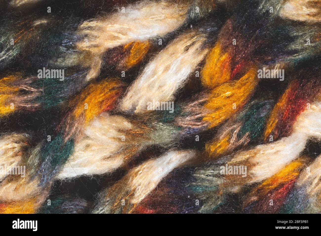 Filato di lana colorato. Tessuto di lana sfondo. Tessuto lavorato a maglia primo piano Foto Stock