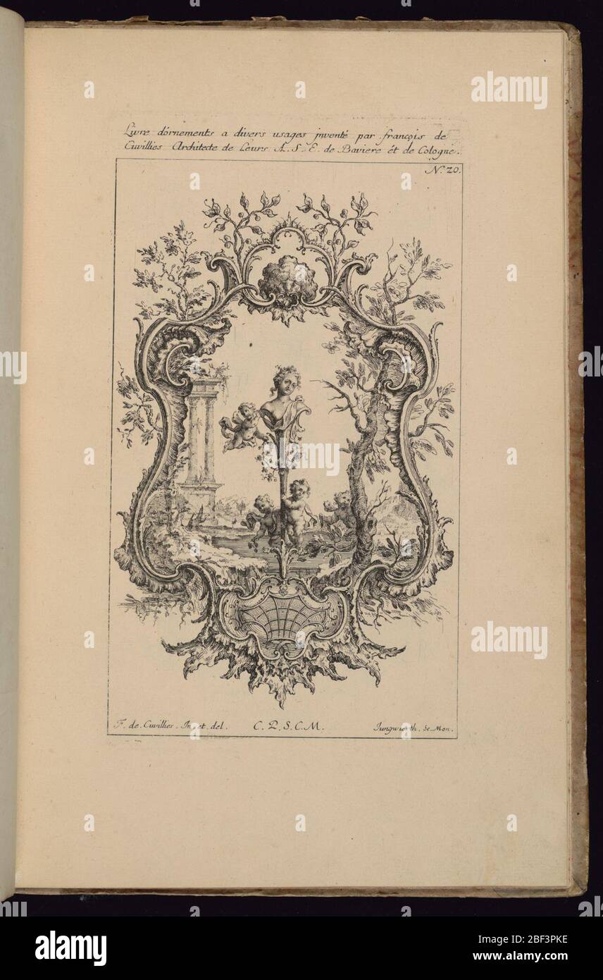 Cartouche con femmina busto Livre dormitori Libro di ornamenti. Disegno per un cartouche verticale simmetrico in stile rococo, il telaio sormontato da una forma a conchiglia e circondato da rami di albero e vegetazione. Foto Stock