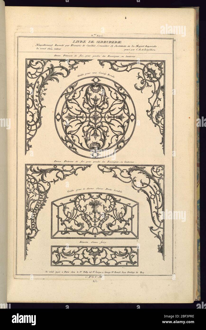 Deux Potences de fer pour pendre des Enseignes ou lanterne. Sette elementi, ciascuno con una didascalia. Foto Stock