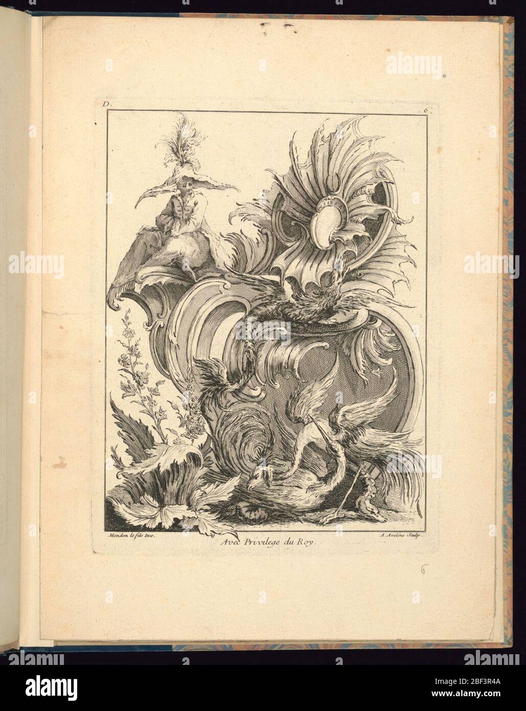 Rocaille Design con personaggio cinese. Ornamento Rocaille con piccolo cartouche, foglie di acanthus, motivi floreali, e figure di uccelli distorte. Una figura cinese che guarda l'intera scena dall'angolo in alto a sinistra del cartouche. Foto Stock