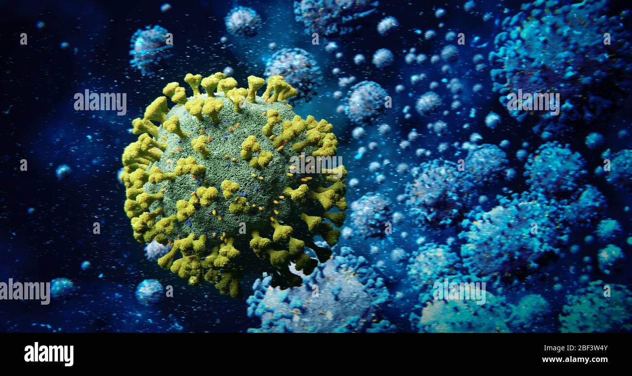 Molecola di coronavirus verde microscopico COVID-19 con molte molecole di contrasto blu - nCOV influenza Virus epidemia pandemica 3D Illustrazione Foto Stock