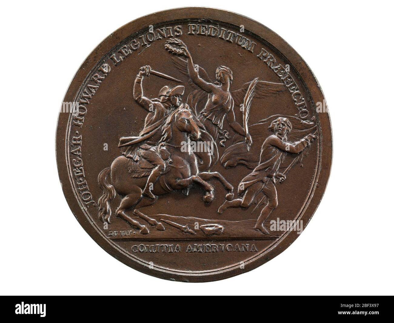 John Eager Howard al Cowpens France 1781 muore originale. One (1) John Eager Howard alla medaglia di Cowpens, (Comitia americana)United States (Francia), 1781Obverse Image: Howard corre a cavallo con la spada sollevata mentre insegue un soldato nemico mentre Winged Victory vola sopra di lui, con una palma sollevata nella sua mano sinistra e la corona di alloro in h Foto Stock