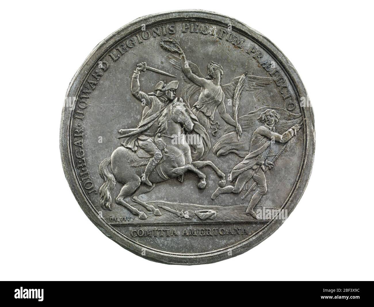 John Eager Howard al Cowpens clich Stati Uniti 1781. One (1) John Eager Howard al cliché della medaglia di Cowpens (Comitia americana)United States (Francia), 1781Obverse Image: Howard corre a cavallo con la spada sollevata mentre insegue un soldato nemico mentre Winged Victory vola sopra di lui, con una palma sollevata nella sua mano sinistra e la minaccia alloro Foto Stock