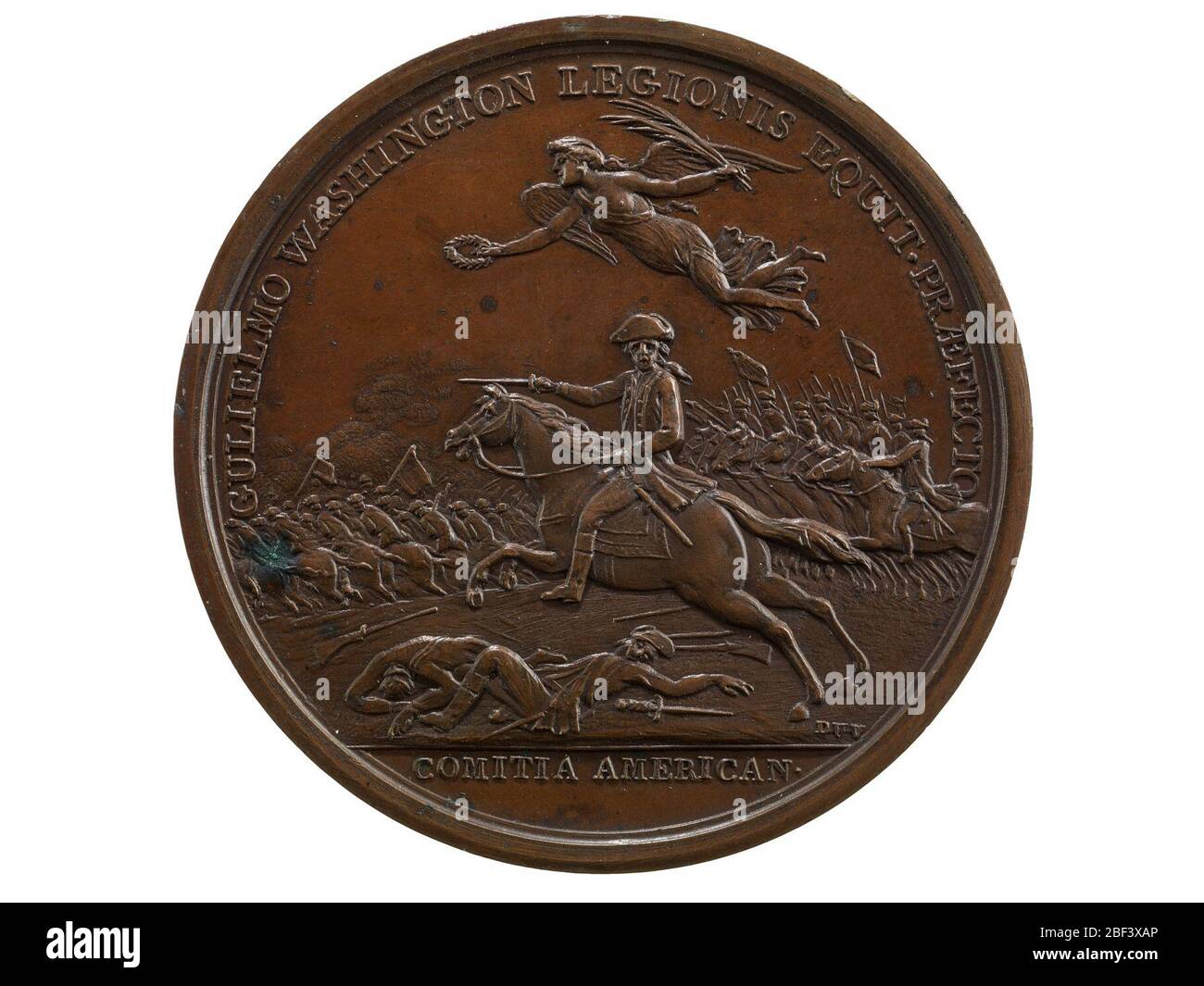 William Washington al Cowpens Francia 1789 Parigi Mint. Uno (1) William Washington alla medaglia di Cowpens, (Comitia americana)Stati Uniti (Francia), 1789 (1843)immagine oscura: Washington siede su un cavallo con la spada tirata, che guida il terzo Dragoni di luce continentale che carica sullo sfondo contro la cavalleria britannica. Foto Stock