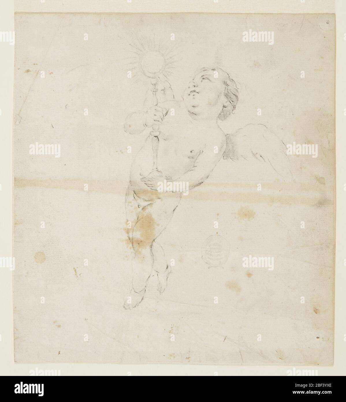 Angel porta una mostrance. Figura di un angelo o cherubino, in piedi e possibilmente in volo, rivolto verso sinistra, tenendo un ostensorio. Foto Stock