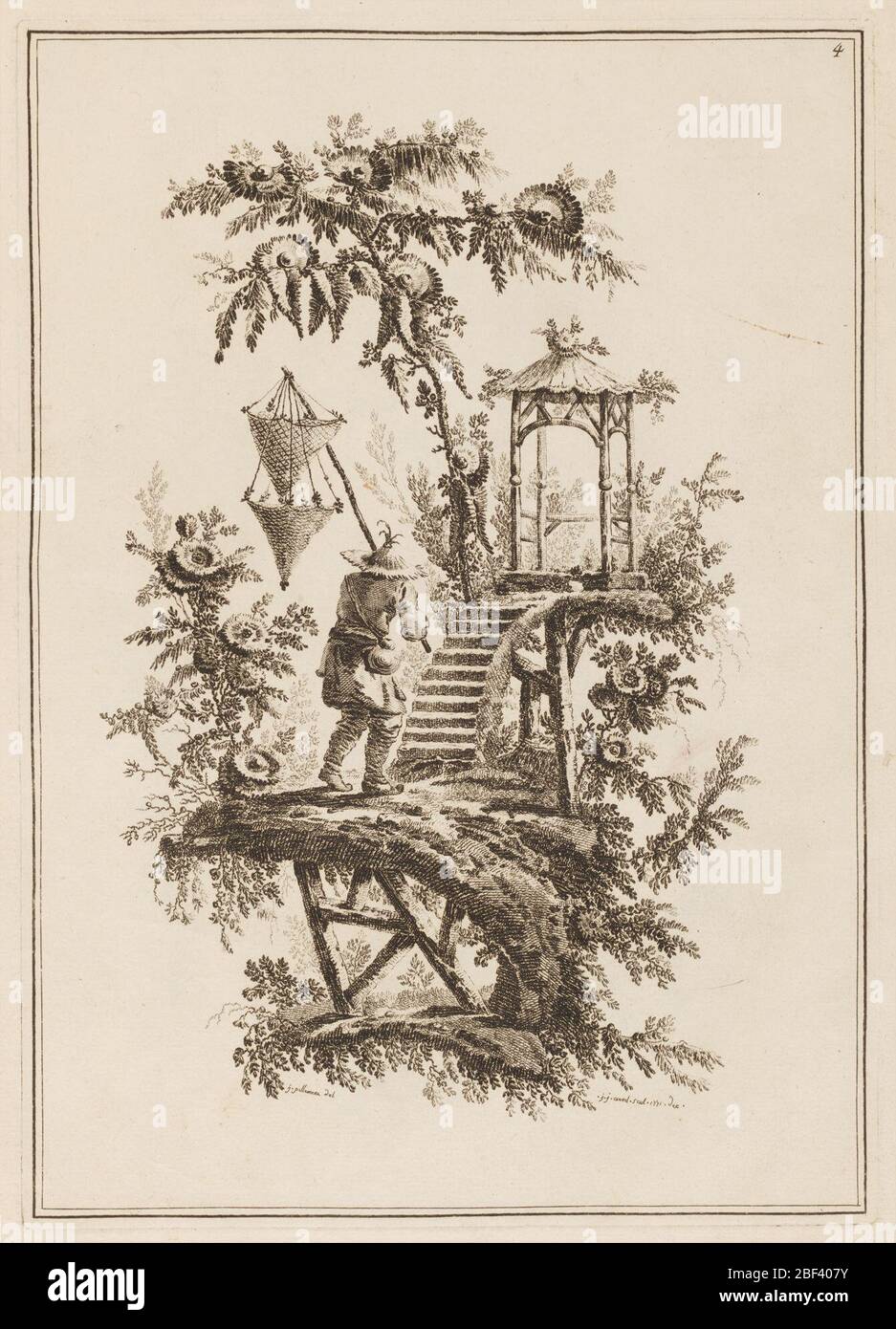 Plate 4 Suite de douze Pcheurs et Chasseurs. Paesaggio decorativo con figura cinese che porta due reti su un pallido camminando verso gradini che conducono ad un piccolo padiglione. Due linee di inquadratura. Angolo superiore destro: '4'; parte inferiore del disegno: 'j. pillement del.'; 'j. avril.sculp.1771.dec.' Foto Stock