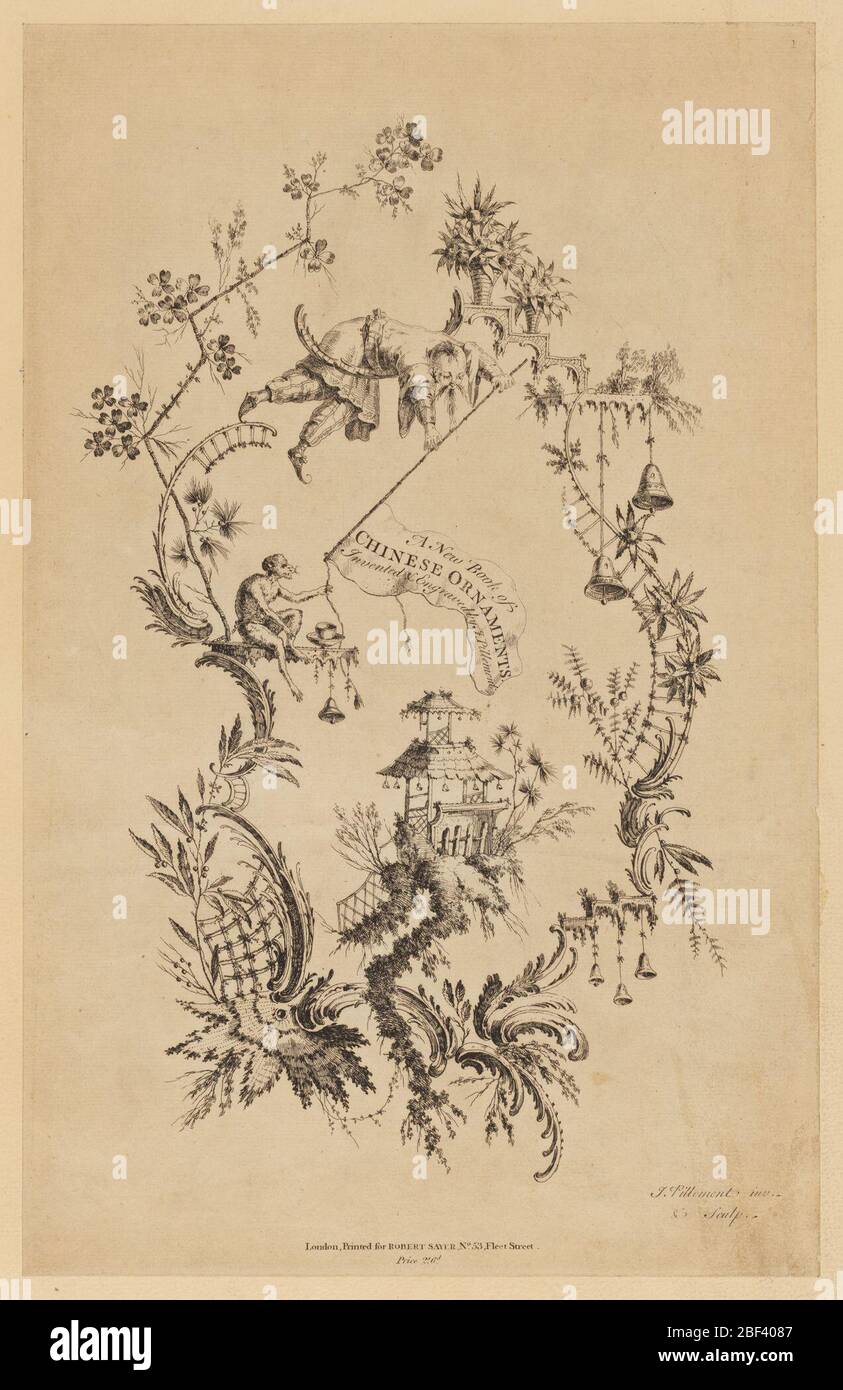 Pagina del titolo di UN nuovo libro di ornamenti cinesi. Chinoiserie escutcheon in cui un uomo appoggiato su una mezzaluna e una scimmia tenere una bandiera con il titolo su una pagoda. Foto Stock