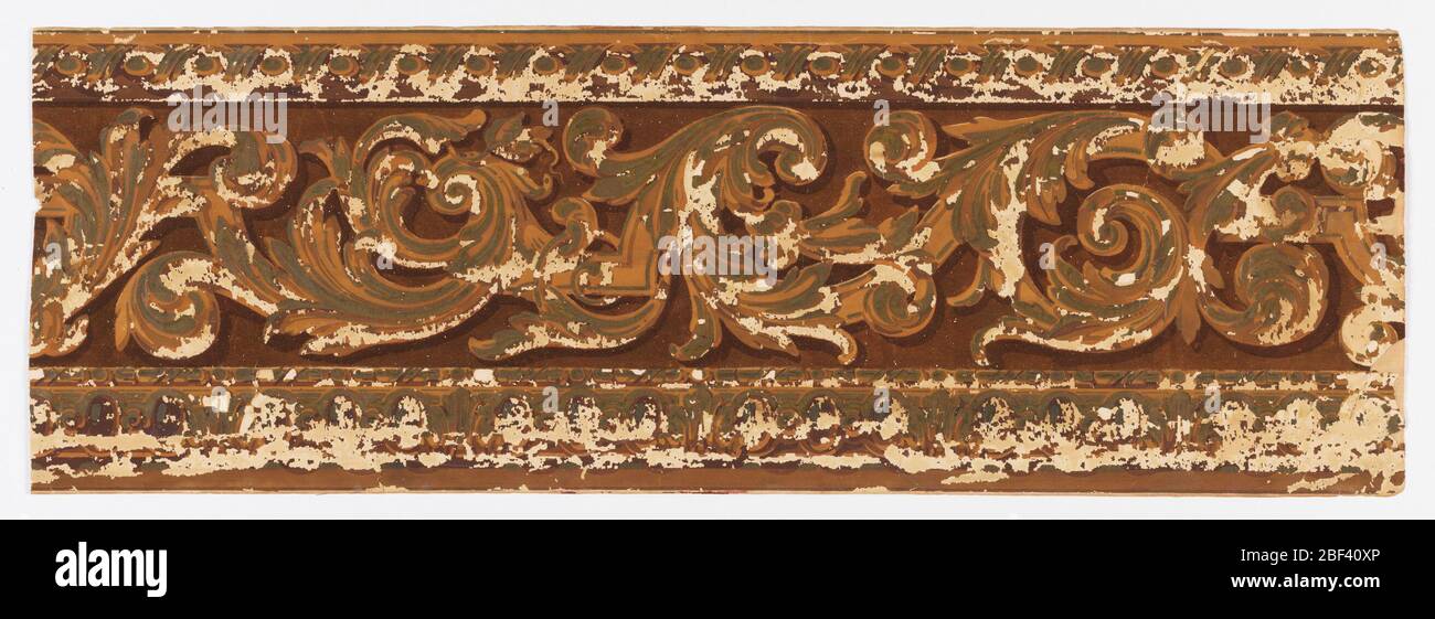 Fregio. L'acanthus scorre, su quadro di scorrono inverse, in giallo-arancione chiaro e verde su un campo di fiocco rosso-arancio scuro. In alto, a foglia e a lingua; in basso, a spirale a nastro. Foto Stock