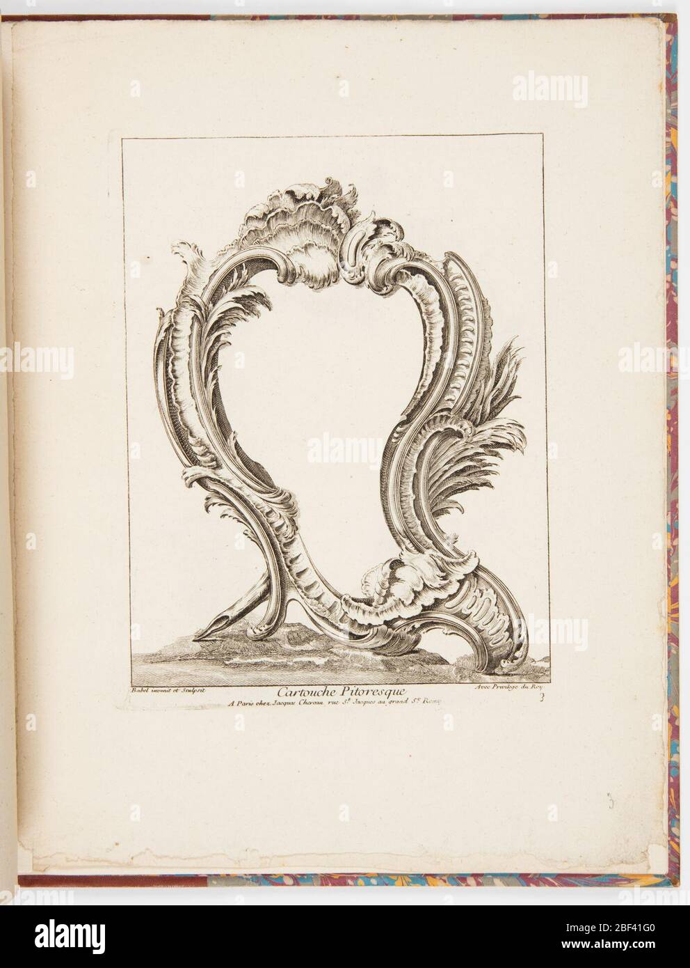 Cartouche pittoresco Cartouche. Piastra 3 di una serie di 4 disegni ornamentali cartouche. Cartouche asimmetriche in stile rococò, poste su un terreno collinare, con parte inferiore sinistra di una lettura. Foto Stock