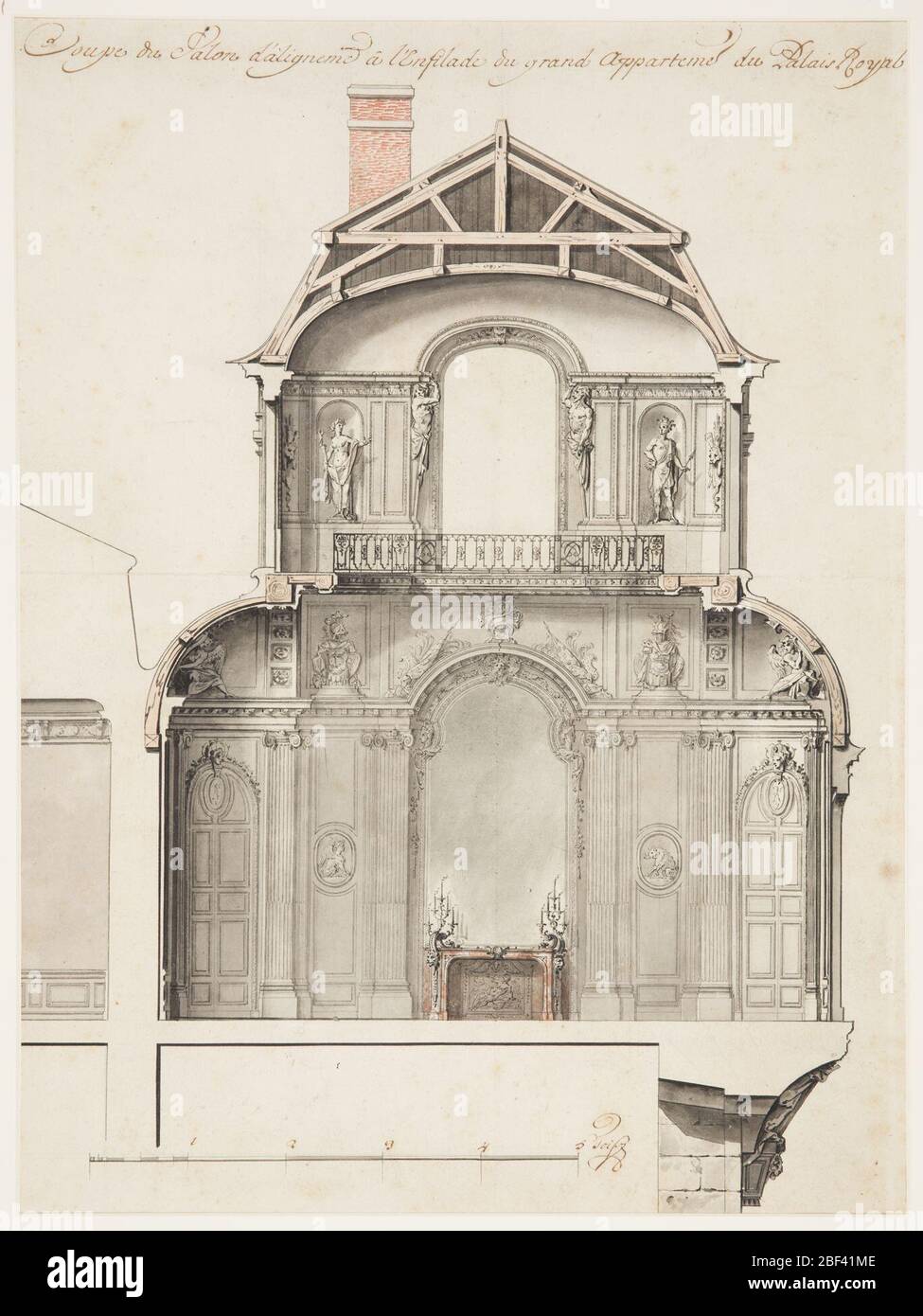 Progetto preliminare per il Salon al Palais Royal Paris France. L'elevazione in sezione mostra una camera a due piani, il secondo piano indicato da un balcone. Foto Stock