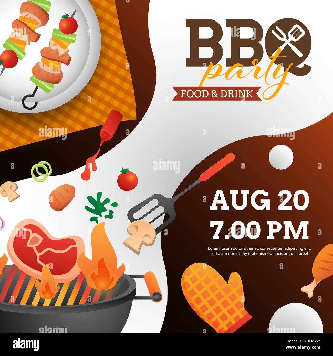 BBQ party invito, scheda o poster modello con griglia e cibo flyer vettore stile piatto illustrazione. Illustrazione Vettoriale