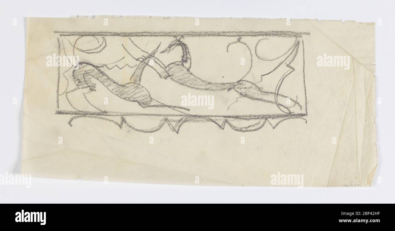 Hounds in gioco. All'interno di una cornice rettangolare decorata, due franche l'una di fronte all'altra, giocando. Linee ornamentali in background. Foto Stock