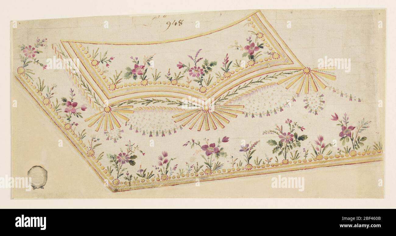 Disegno n. 948 per il ricovero di un gilet Mans della Fabrique de St Ruf. Angolo inferiore sinistro: Bordo inferiore obliquamente in salita. Le piante crescono da una fila di perle lungo i bordi del gilet e i bordi laterali e inferiori della tasca. Garlands, un design intrecciato, ventilatori, festoni sono sotto la tasca. Foto Stock