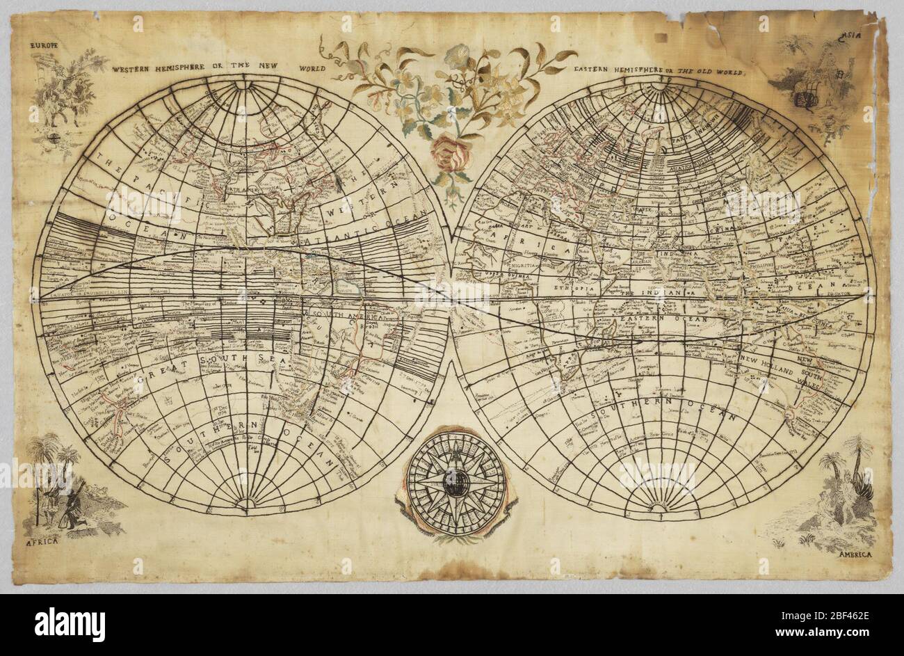 Campionatore di mappe. Mappa del mondo che mostra i due emisferi, dal titolo "Emisfero Occidentale o il nuovo mondo" e "Emisfero Orientale o il Vecchio mondo". Una bussola nella parte inferiore centrale, uno spruzzo di fiori nella parte superiore centrale e figure etichettate 'Europa, 'Asia, 'America' e 'Africa' in ciascuno Foto Stock