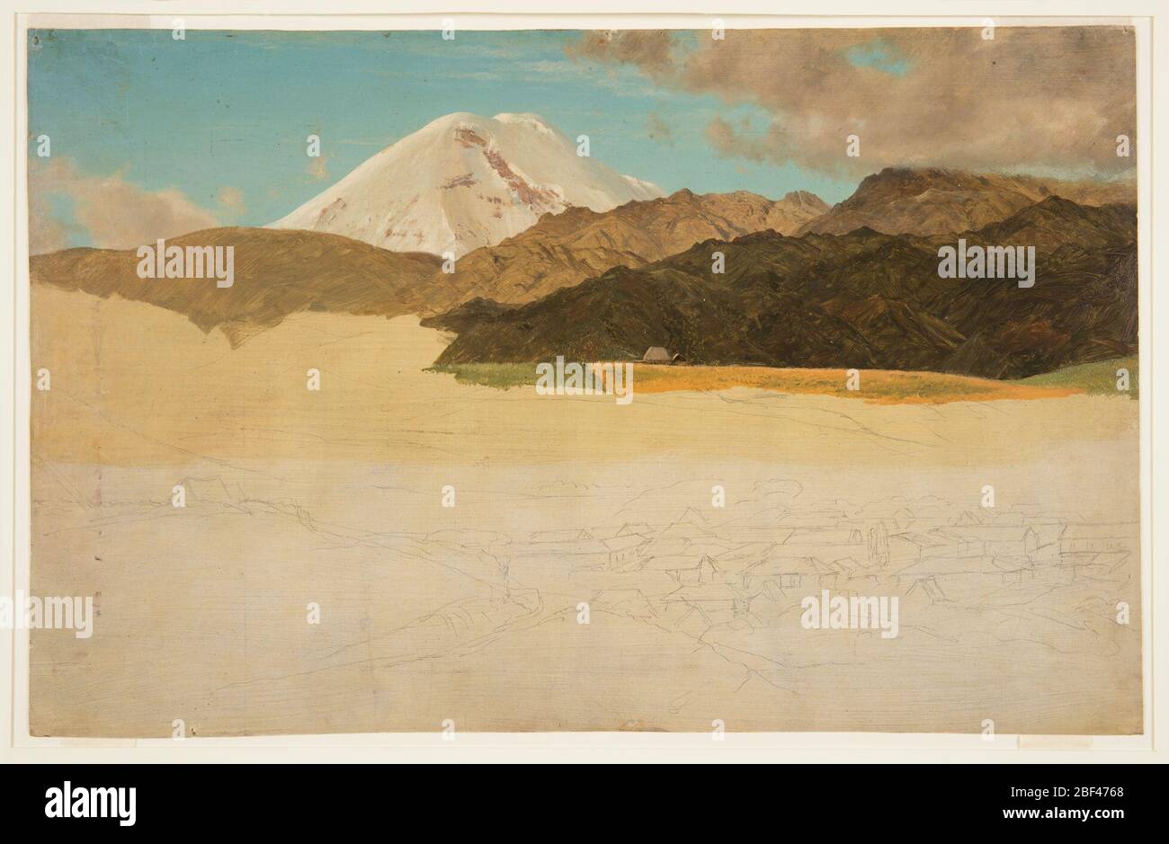 Monte Chimborazo e Guaranda Ecuador. La cima innevata sorge sullo sfondo dietro diverse basse montagne. Nuvole in alto a destra. Disegno incompiuto di grafite di sezione della città (identificata come Guaranda, Ecuador) con la chiesa disegnata in fondo, come visto da una collina. Foto Stock