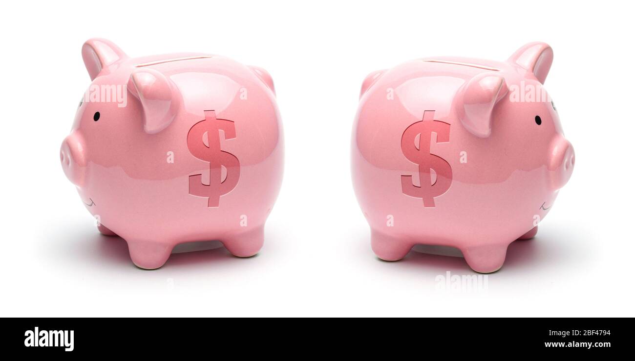 Piggy bank rosa con simbolo del dollaro isolato su uno sfondo bianco. Concetto come risparmiare. Foto Stock